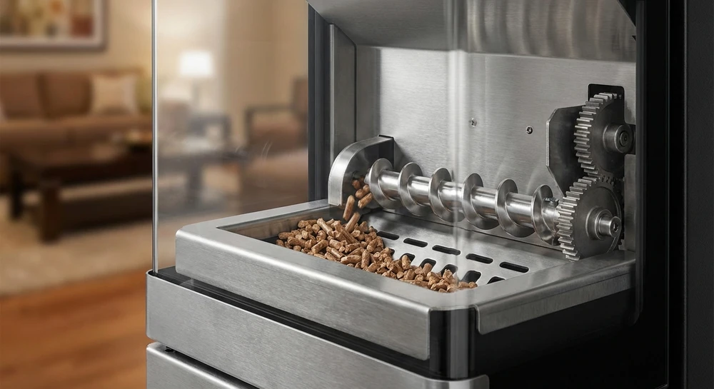 Intérieur chaleureux avec poêle à bois en fonte noire à foyer ouvert, flammes vives visibles derrière vitre arquée