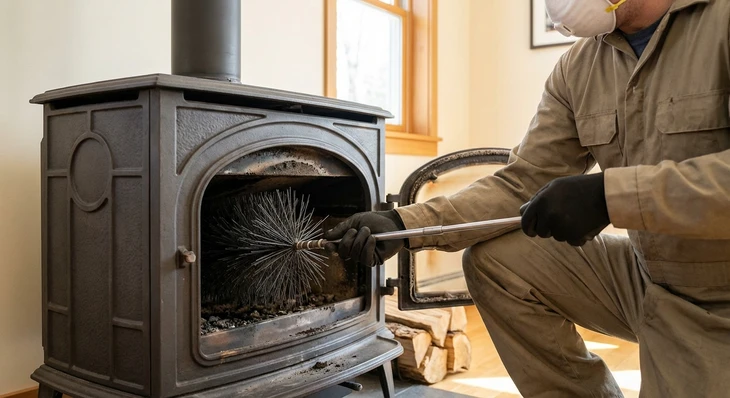 Photographie réaliste d'un technicien en tenue de travail professionnel effectuant un ramonage ou un entretien sur une cheminée ou un insert de poêle à bois/granulés, à l'intérieur d'un domicile. Le technicien porte les équipements de sécurité appropriés (casque, vêtements professionnels) et utilise des outils de ramonage adaptés. L'environnement doit être une maison moderne ou traditionnelle avec une cheminée ou un poêle visible, illustrant une intervention d'entretien professionnelle et maîtrisée.