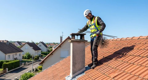 Photographie réaliste d'un conduit de cheminée intérieur montrant des dépôts de suie noire et d'encrassement accumulés sur les parois intérieures, illustrant les résidus de combustion et les dangers d'un conduit non entretenu. La vue doit être claire et directe pour montrer l'importance du ramonage professionnel.