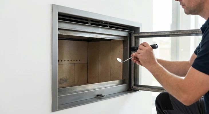 Homme en casquette et vêtements sombres effectue le ramonage d'une cheminée intérieure avec un hérisson de ramonage