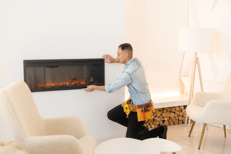 Professionnel du b&acirc;timent effectuant des travaux de ramonage sur une chemin&eacute;e en b&eacute;ton cr&eacute;pi