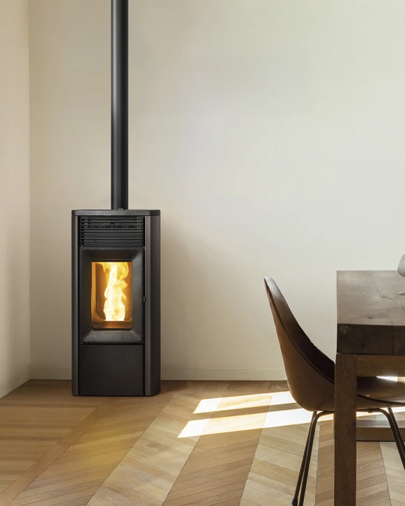 Int&eacute;rieur salon classique avec chemin&eacute;e en pierre sculpt&eacute;e active, feu de bois ardent