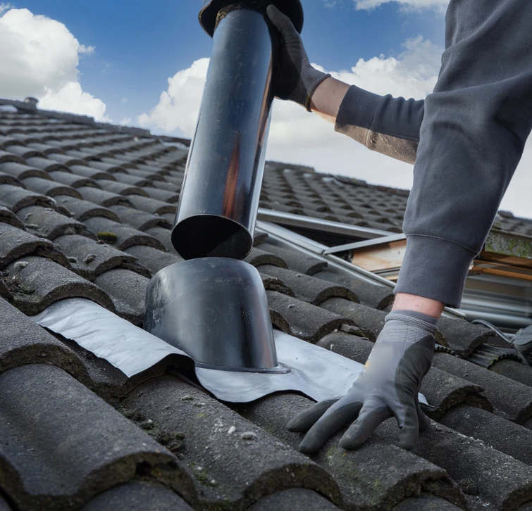 Homme en casquette et vêtements sombres effectue le ramonage d'une cheminée intérieure avec un hérisson de ramonage