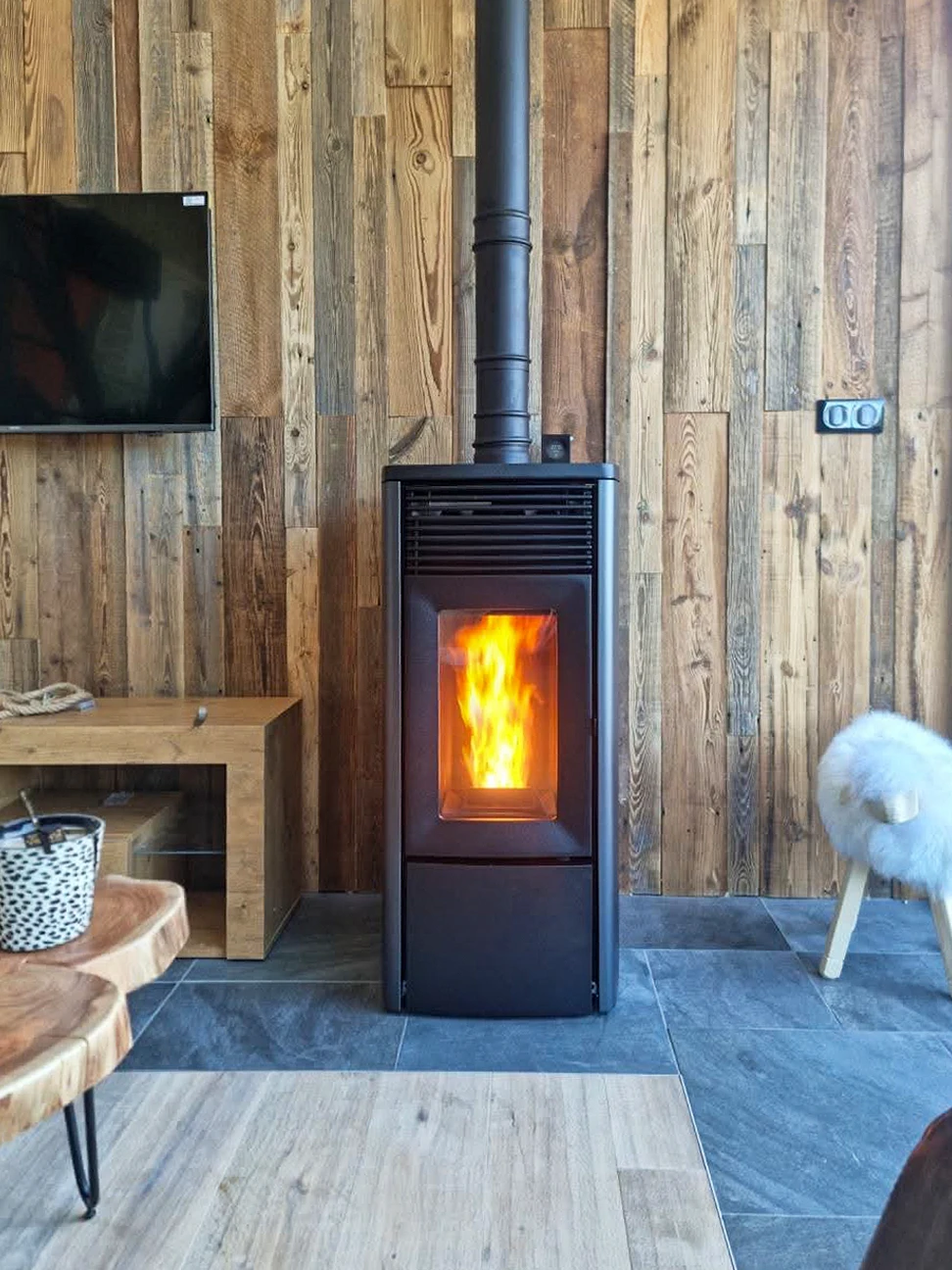 Intérieur chaleureux avec poêle à bois en fonte noire à foyer ouvert, flammes vives visibles derrière vitre arquée
