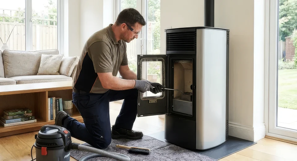 Intérieur moderne avec poêle à bois cylindrique noir en fonctionnement, flammes visibles dans la chambre de combustion