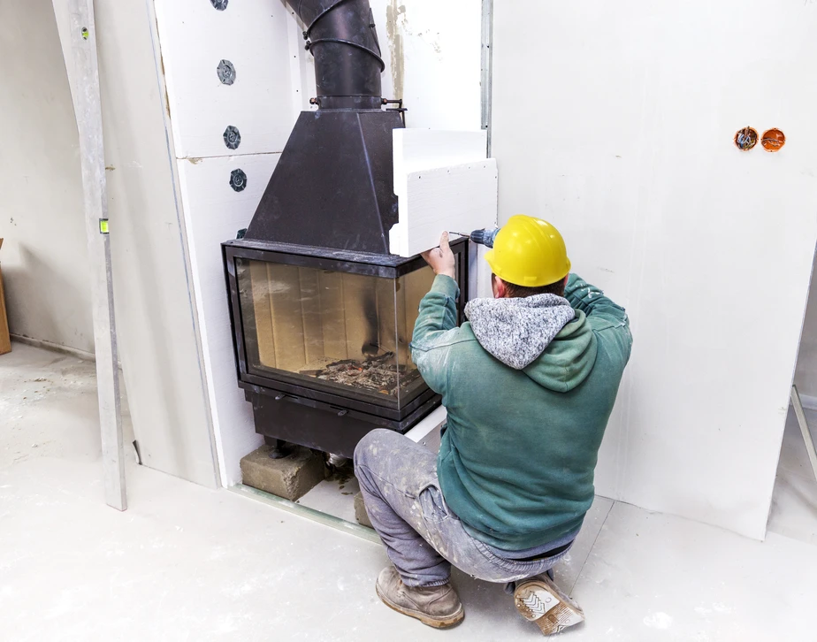 Intérieur moderne avec cheminée à foyer fermé en fonctionnement, flammes visibles à travers la vitre