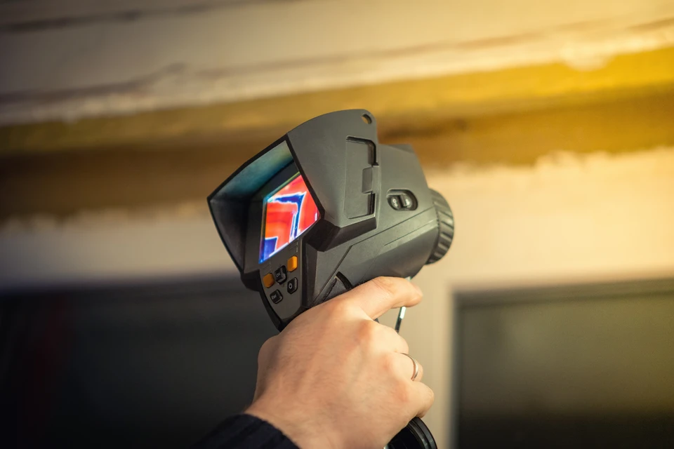 Photographiez un consultant ou un technicien spécialisé en chauffage, en tenue professionnelle, en train d'effectuer une visite technique dans un salon ou une maison. Il utilise des instruments de mesure (thermomètre infrarouge, mètre, bloc-notes ou tablette) pour analyser les caractéristiques du lieu : il mesure des dimensions, examine une paroi, prend des notes. Une ou deux personnes du ménage observent ou échangent avec lui de manière sereine et confiante, illustrant l'aspect consultation personnalisée. L'ambiance doit être professionnelle et rassurante, sans artifice, montrant concrètement la phase d'étude préalable à l'installation.