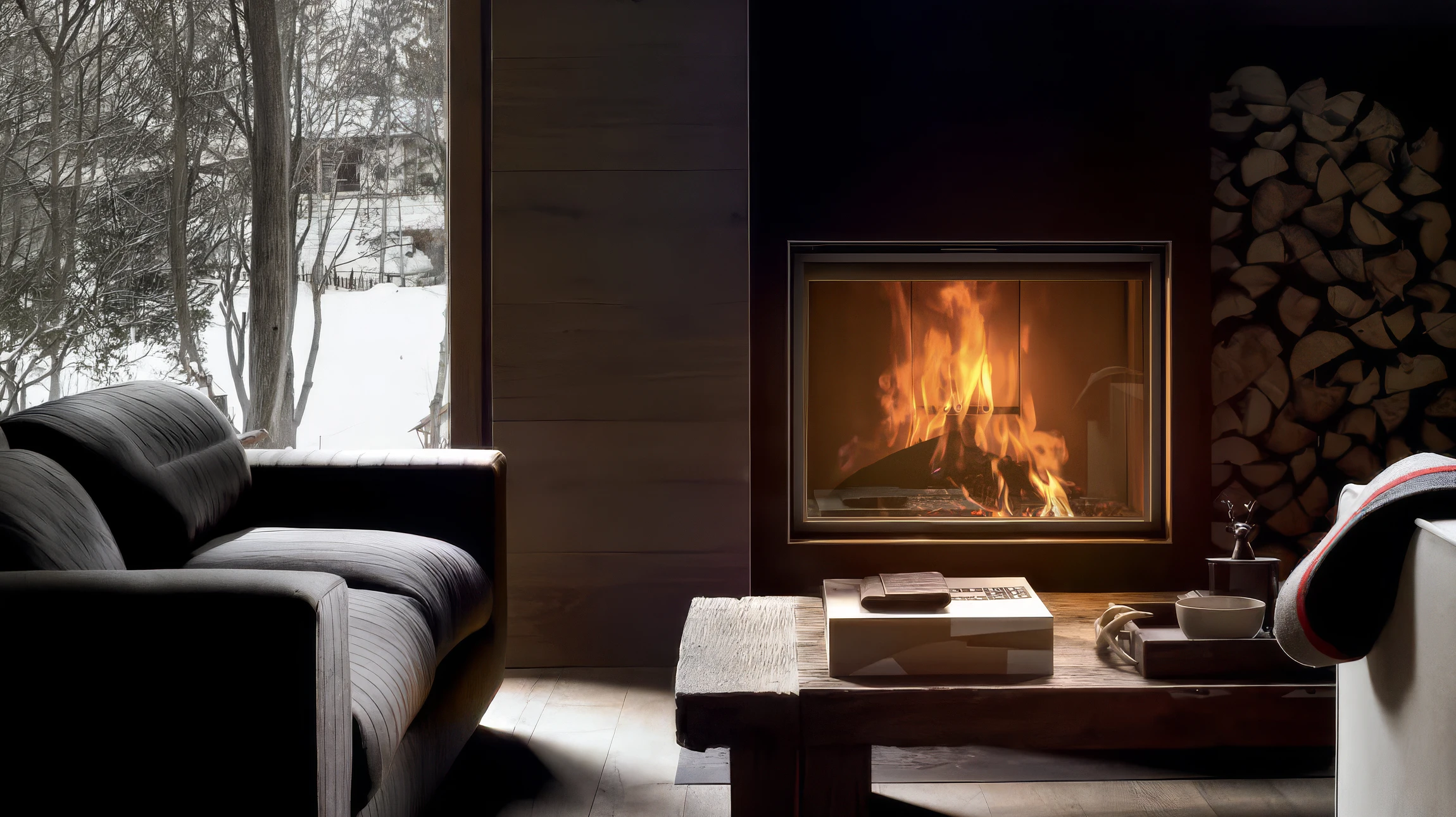 Intérieur chaleureux avec cheminée en flammes, bûches de bois empilées au premier plan